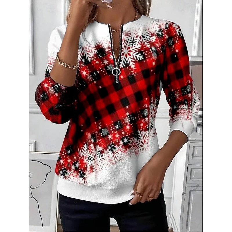 Women's Pullover Sweatshirt Zip Up Sweatshirts Graphic Snowflake Fashion Casual Long Sleeve Crew Neck Regular Tops Street Dailywear Casual Zipper Print Wine Red Spring Fall Winter