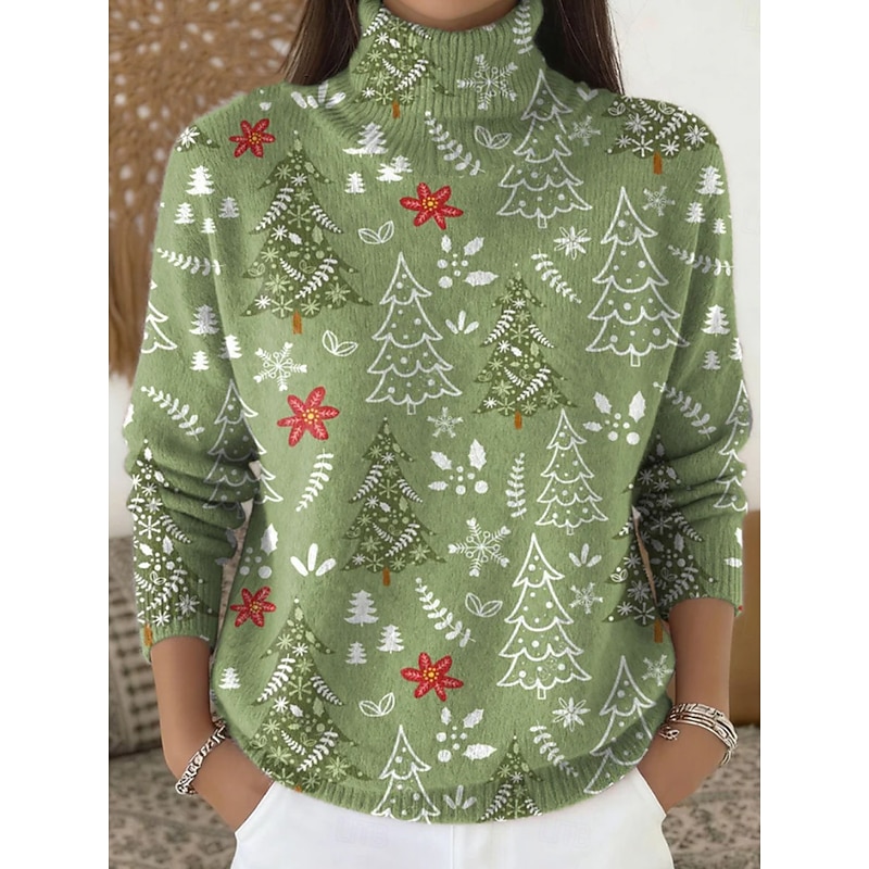 Women's Sweater Vintage Casual Soft Graphic Christmas Tree Ribbed Turtleneck Knitted Print Long Sleeve Regular Tops Knit Outdoor Daily Weekend Light Green Blue Fall Winter2