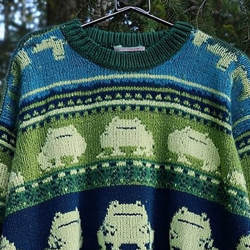 Women's Sweater Pullover Daily Casual Graphic Animal Ribbed Crew Neck Knitted Print Long Sleeve Regular Tops Knit Outdoor Weekend Green Fall Winter3