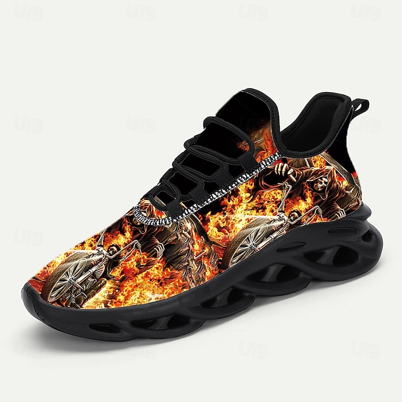Men's Halloween Flame Skull Sneakers – Scary Horror Graphic Running Shoes for Costume Party, Nightclub, Themed Events and Streetwear4