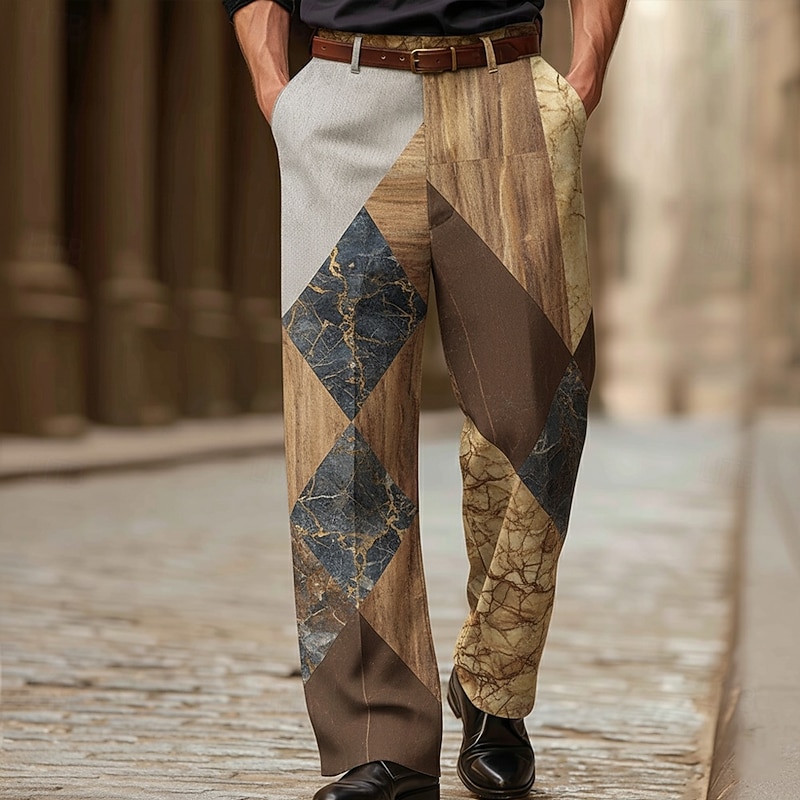 Men's Geometric Trousers Dress Pants Suit Pants Mid Waist Fashion Casual Dailywear Holiday Streetwear Relaxed Fit Flat Front Dress Pants with Side Pockets Spring Fall 3D Print Blue Orange khaki