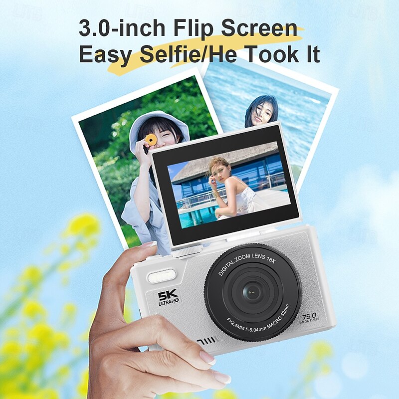 HD 5K flip screen mirrorless digital camera with WiFi mobile connectivity 3-inch IPS screen suitable for students for photography and videography.3
