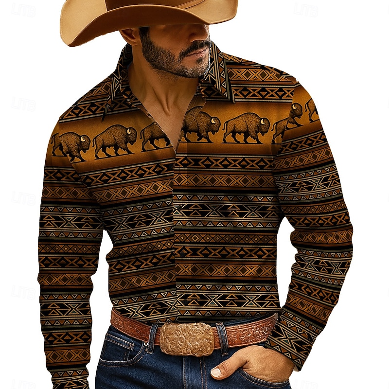Men's Buffalo Plaid Cowboy Indian Culture Shirt Western Shirt Button Up Shirt Long Sleeve Vintage Retro Outdoor Casual WorkWear Spring Fall Turndown 3D Print Collared Shirts Blue Brown Green