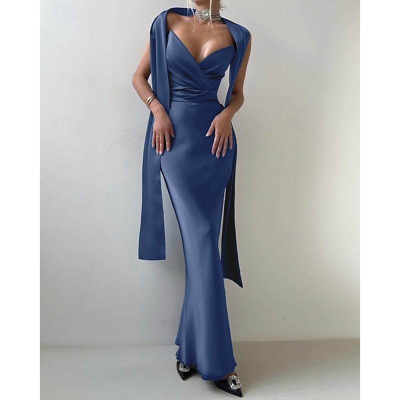 2-in-1 Dress Cape Dress Mermaid / Trumpet Evening Gown Elegant Dress Formal Semi Formal Dress Wedding Floor Length Sleeveless V Neck Satin Backless with Bow(s) Pleats Slit2