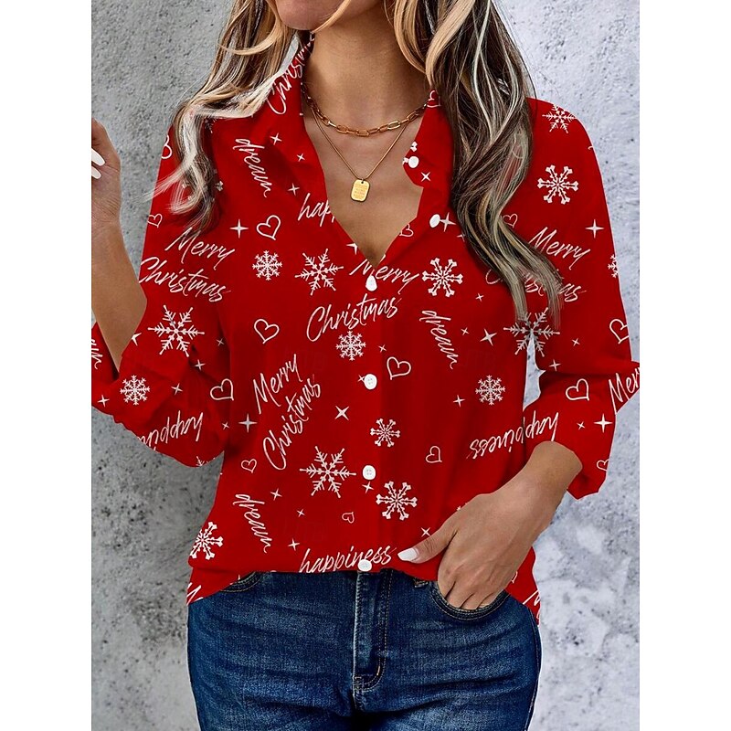 Christmas Women's Shirt Graphic Letter Snowflake Vintage Daily Stylish Long Sleeve Shirt Collar Regular Tops Work Daily Buttons Print Red Fall Winter