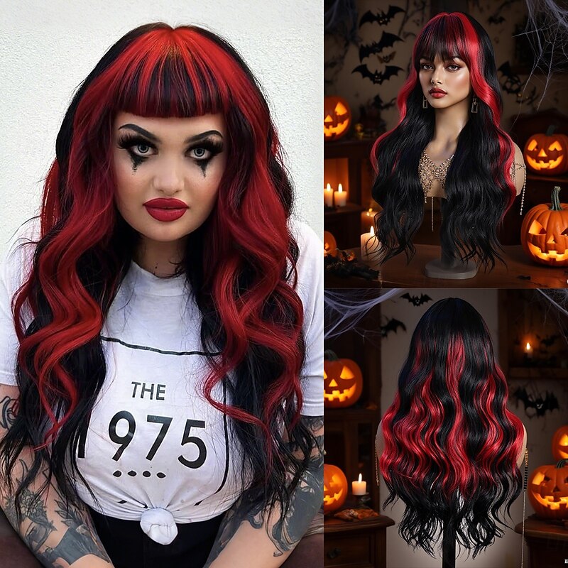 Synthetic Wig Body Wave Wavy Middle Part Neat Bang Wig 26 inch Black / Red Synthetic Hair 26 inch Women's Soft Comfy Multi-color