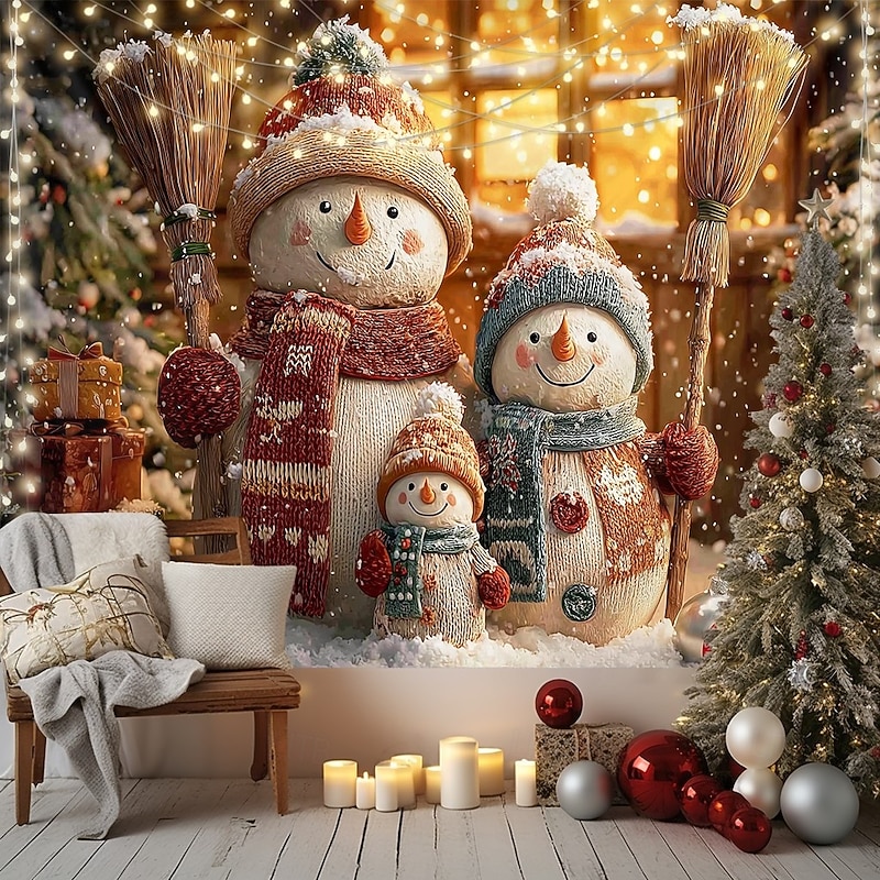 Christmas Wall Tapestry Backdrop, Group of Cute Snowmen with Christmas Tree and Gifts, 2025 Xmas Winter Wonderland Holiday Wall Hanging for Home Party2