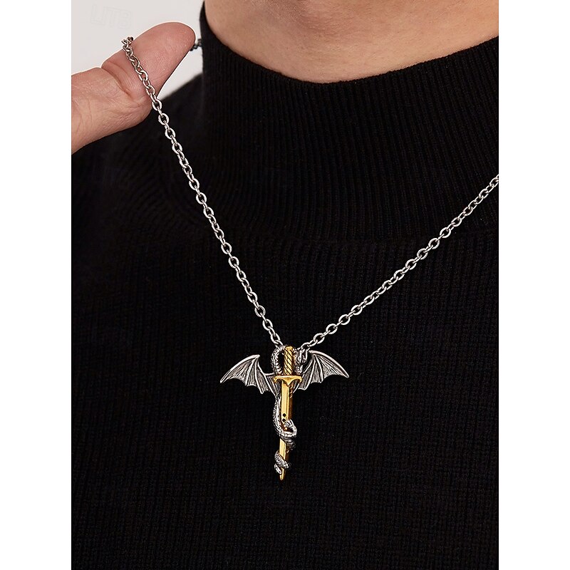 Men's Halloween Dragon Sword Necklace – Gothic Stainless Steel Winged Pendant Jewelry for Cosplay, Parties & Streetwear2