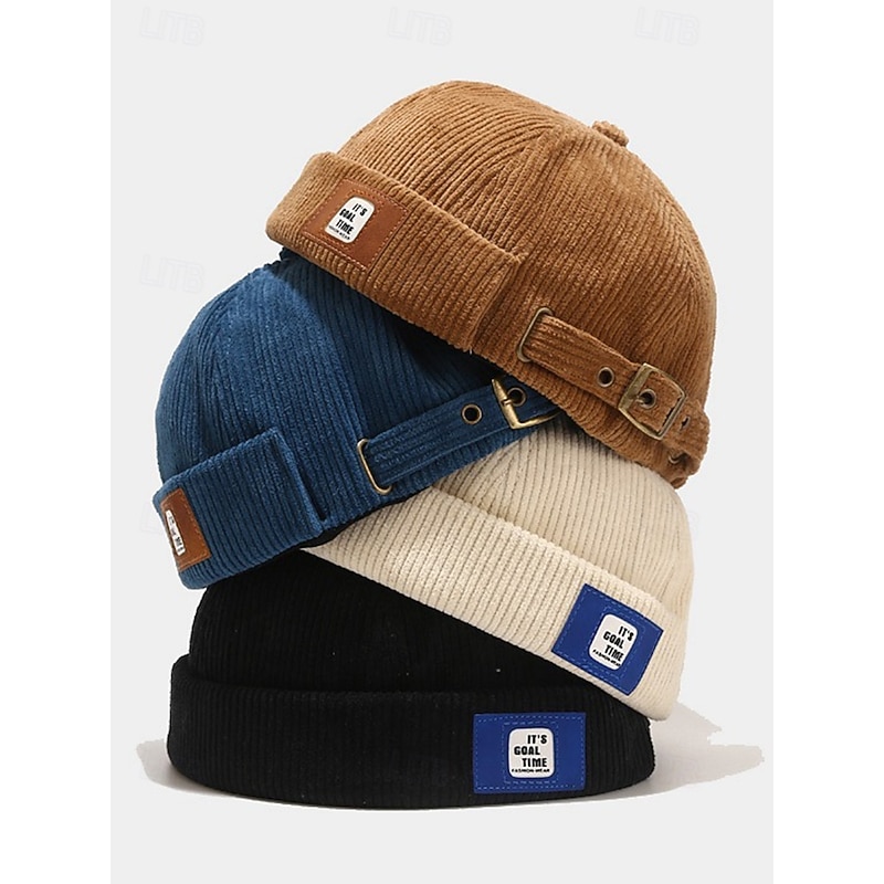 Men's Corduroy Brimless Beanie Hat, Retro Docker Cap with Adjustable Strap, Casual Streetwear Skullcap for Fall and Winter
