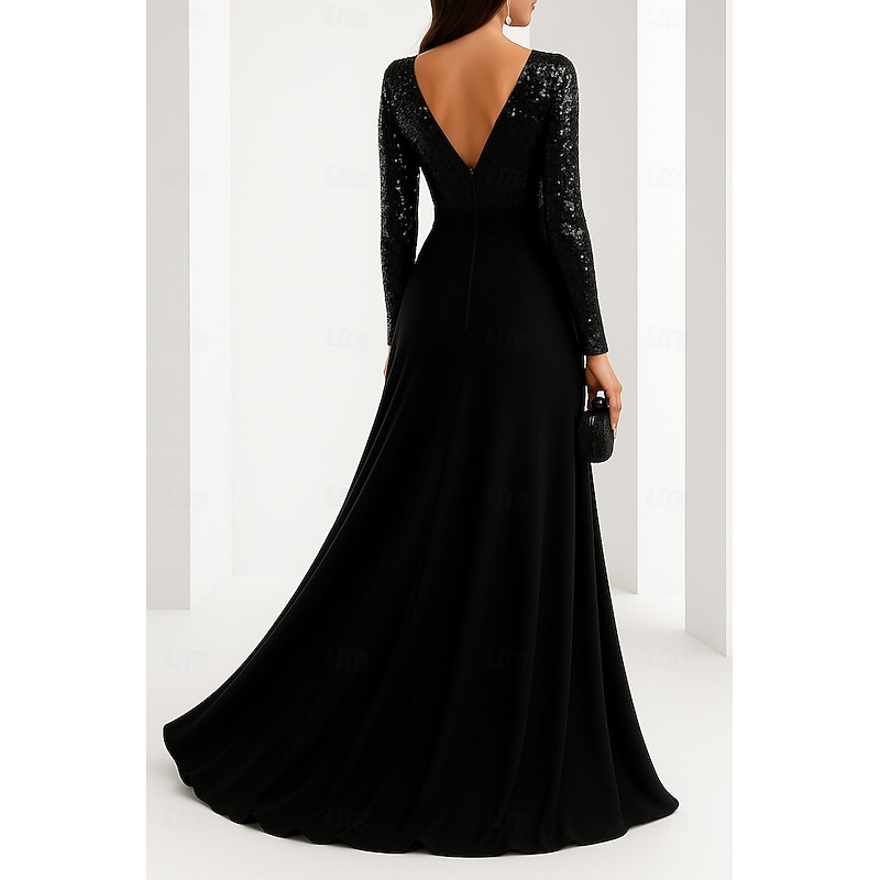 Black Tie A-Line Evening Gown Elegant Formal Dress Formal Wedding Floor Length Long Sleeve V Neck Sequined with Glitter Pleats 20252