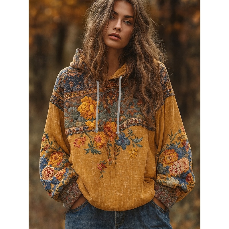 Women's 3D Print Vintage Boho Hoodie Patchwork Hoodie Sweatshirt Floral Pullover Sweatshirt  Elegant Warm Vintage Long Sleeve Hooded  Street Dailywear Casual Patchwork Print Yellow Spring Fall Winter
