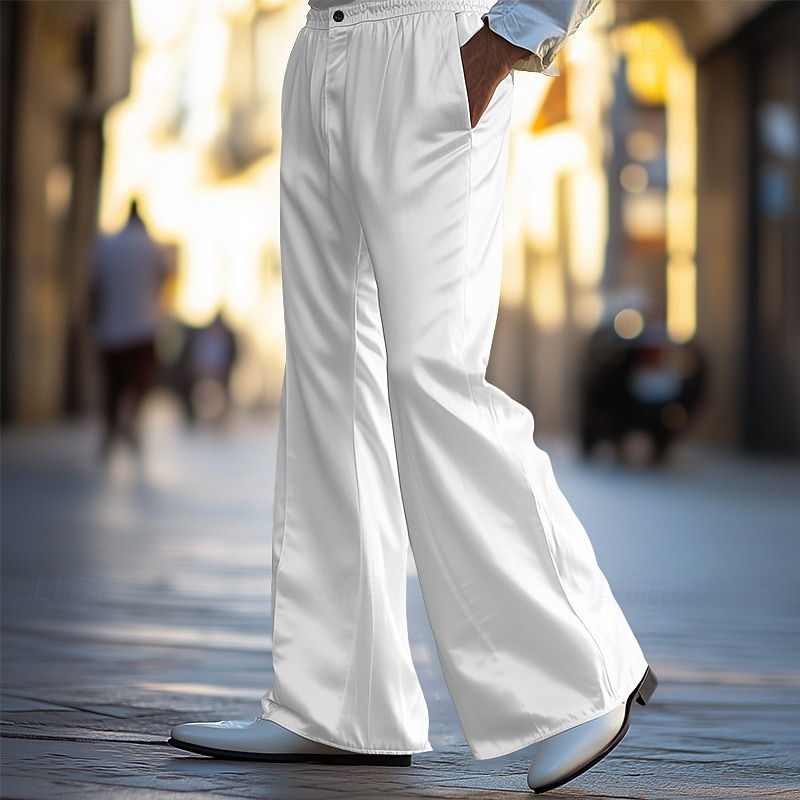 Men's Trousers Dress Pants Bell Bottom Flared Pants Satin Pants Pocket Solid Color Plain Breathable Full Length Outdoor Party Business Fashion Streetwear Black White Inelastic