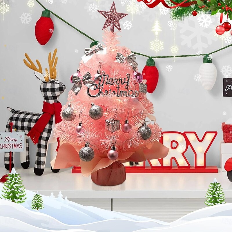 Tabletop Christmas Tree with Lights 45cm, Pink/Green Artificial Christmas Tree Mini Small Xmas Tree, with Christmas Ball Ornaments for Holiday Indoor DIY Christmas Decoration Gifts4