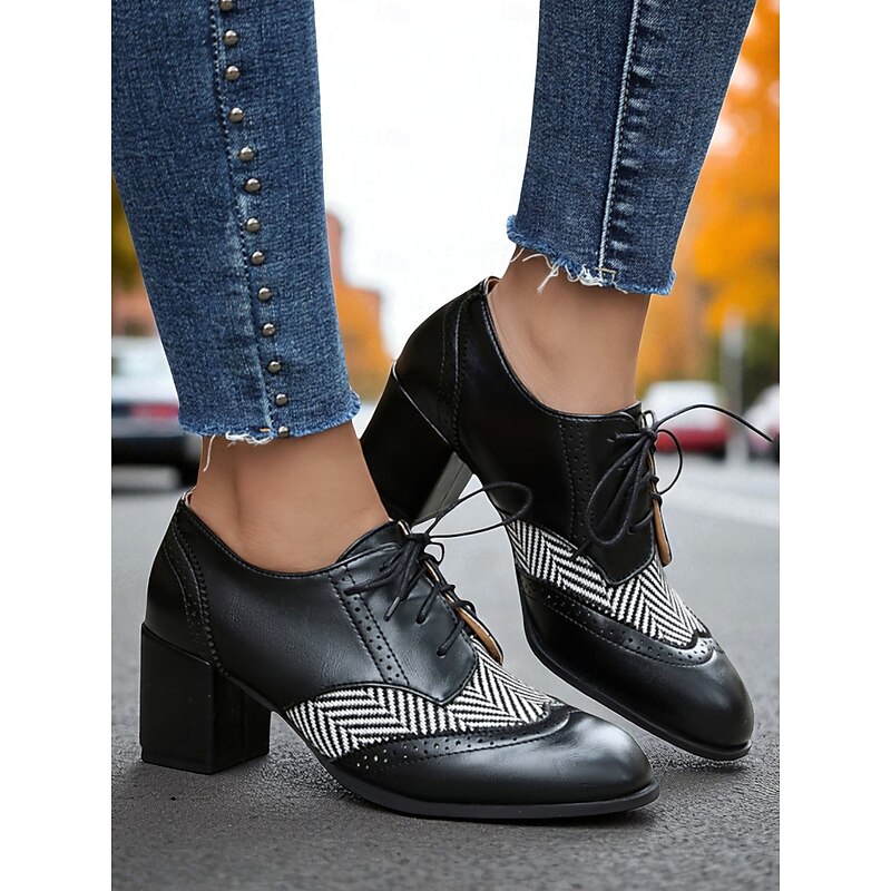 Women's Black Herringbone Oxford Chunky Heel Shoes – 1950s Vintage Faux Leather Brogue Lace-Up Pumps for Work, College and Street Style