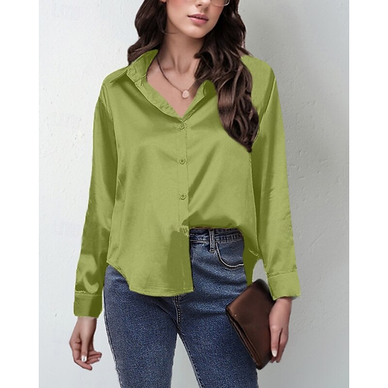 Women's Shirt Elegant Dressy Satin Solid Color Stylish Casual Long Sleeve Shirt Collar Regular Tops Daily Going out Buttons Light Green Sky Blue Purple Orange Khaki Spring Fall3