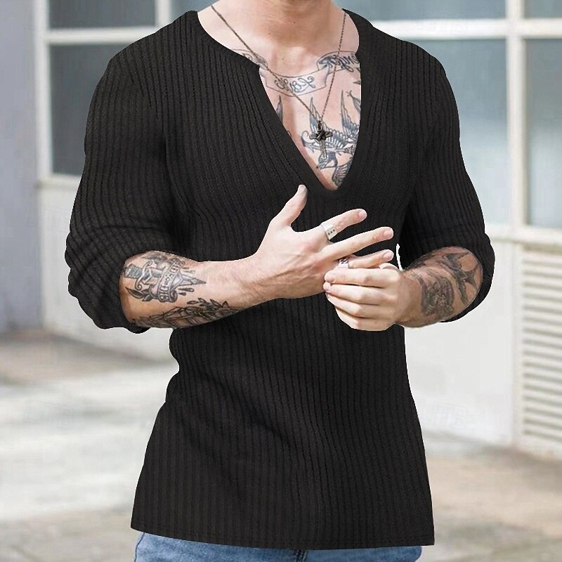 Men's Sweater Pullover Sweater Jumper Ribbed Knit Regular Tops Knitted Slim Fit Plain V Neck Knitwear Contemporary Casual Daily Wear Clothing Apparel Spring Fall Black White S M L3
