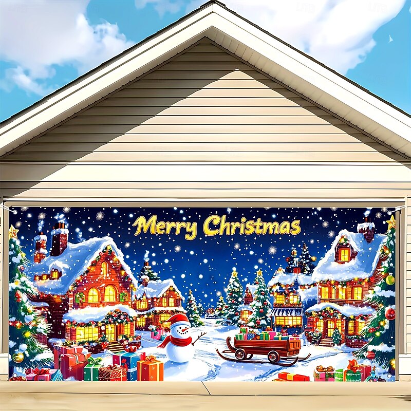 Christmas Outdoor Garage Door Cover Christmas House Sleigh Snowman Christmas Tree Large Tapestry Backdrop Decoration For Holiday Outdoor Garage Door Home Wall Decorations