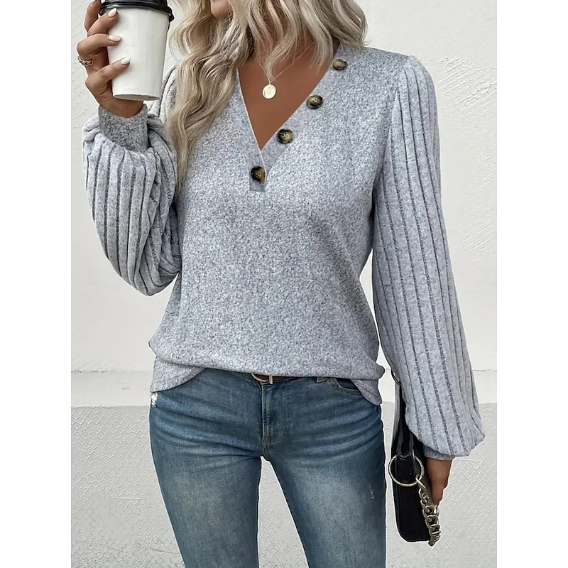 Women's Blouse Solid Color Stylish Casual Long Sleeve V Neck Regular Tops Daily Buttons Gray Spring Fall Winter