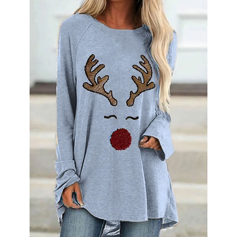 Christmas Women's T Shirt Graphic Reindeer Vintage Stylish Classic Long Sleeve Crew Neck Regular Tops Daily Going out Weekend Print Pink Blue Green Khaki Spring Fall Winter2
