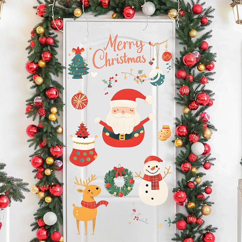 Christmas Sticker Wall Decals Creative Cartoon Santa Claus Snowman Holiday Party Living Room Wall Mural Removable Vinyl Home Decoration Background For Christmas Festival Atmosphere4
