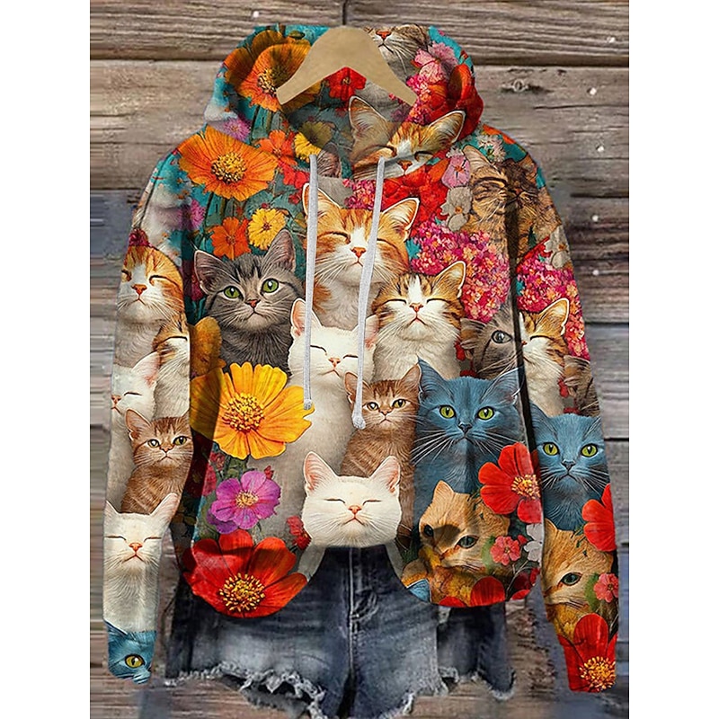 Women's Pullover Hoodie Sweatshirt Graphic Cat Warm Vintage Fashion Long Sleeve Hooded Regular Tops Street Dailywear Casual Patchwork Print Red Purple Spring Fall Winter