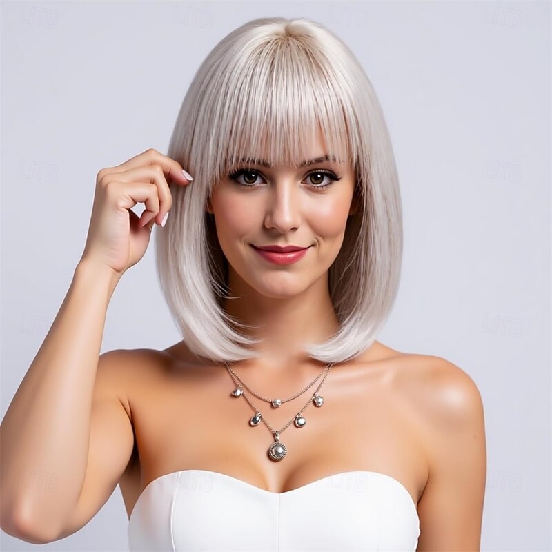 White Short Platinum Bob Wig with Bangs Ombre to Blonde Hair Synthetic Heat Resistant 12 Inch Wigs for Women3