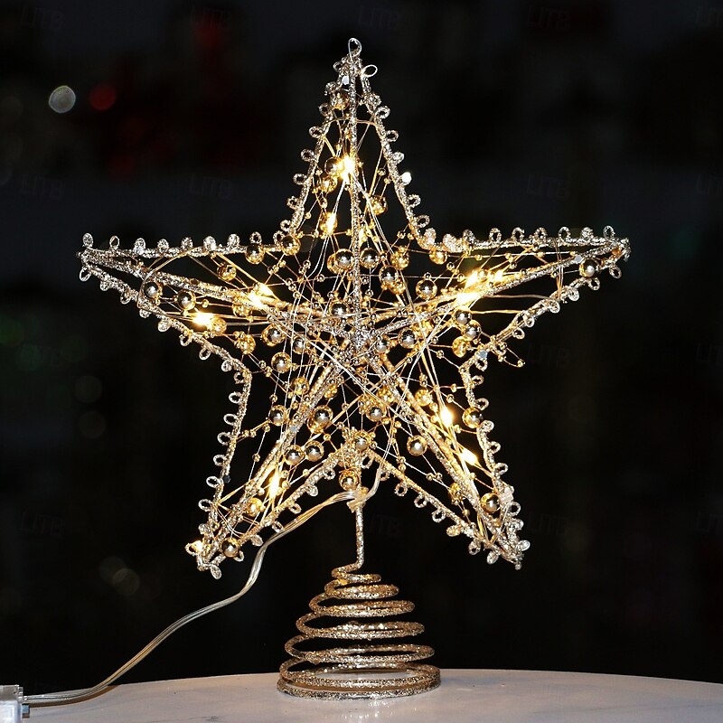 Christmas Tree Topper Star Led Light Xmas, Glitter Iron Five-Pointed Star Ornament, Hanging Tree Decoration, Festive Holiday Xmas Tabletop Home Decor Gift4