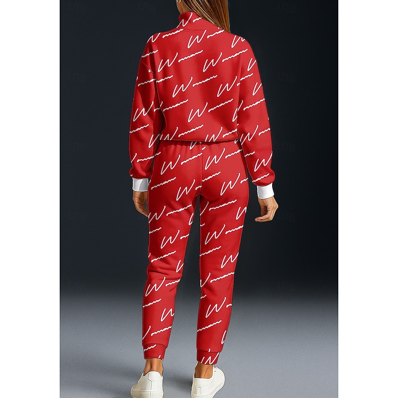 Christmas Women's Sweatshirt Tracksuit 2 Piece Tracksuit Baggy Letter Clothing Suit Fall Red Vocation Outdoor Travel Lightweight Fashion Long Sleeve Sport Activewear Micro-elastic Regular Fit2