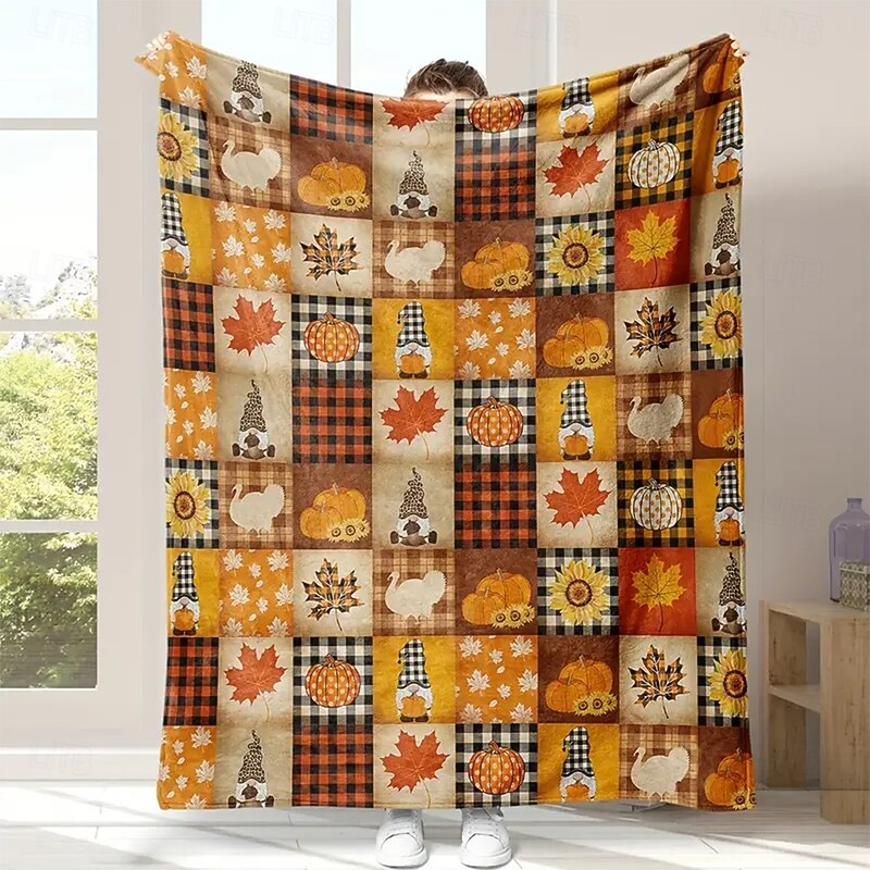 Halloween Fleece Throw Blanket for Couch Pumpkin Plaid Rustic Cottagecore Party Sofa Bed Decorative Warm Blanket Home Decor