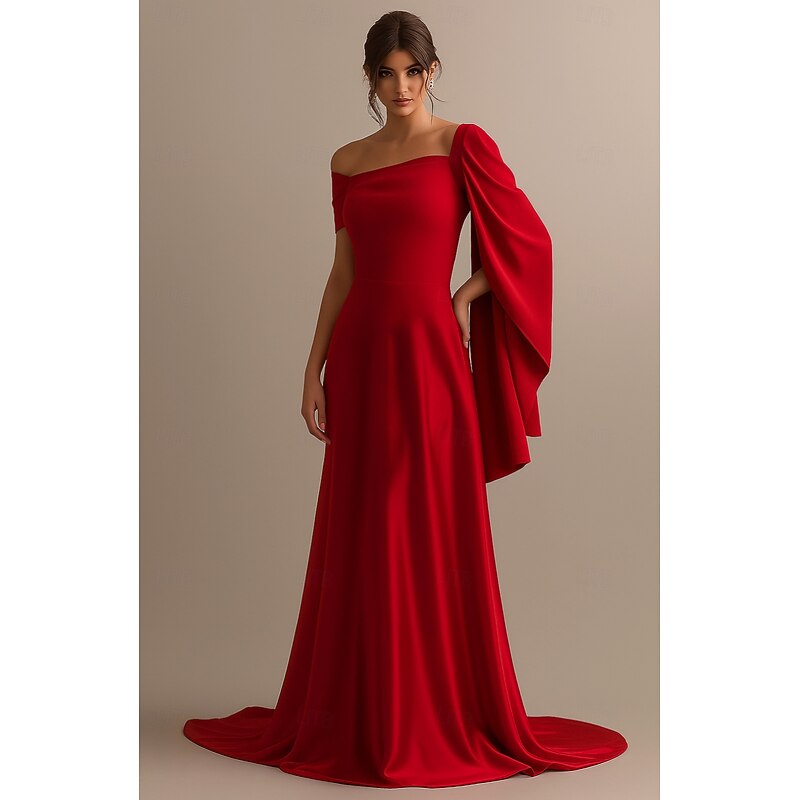 Red Black A-Line Evening Gown Elegant Dress Formal Wedding Floor Length 3/4 Length Sleeve Off Shoulder Pocket Stretch Satin with Ruched 2025