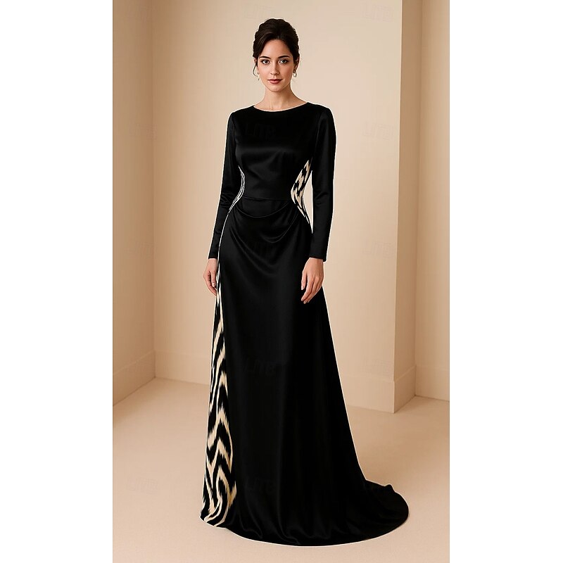 Black Leopard Print Sheath / Column Evening Gown Elegant Formal Dress Formal Wedding Sweep / Brush Train Long Sleeve Boat Neck Satin with Ruched Print 2025