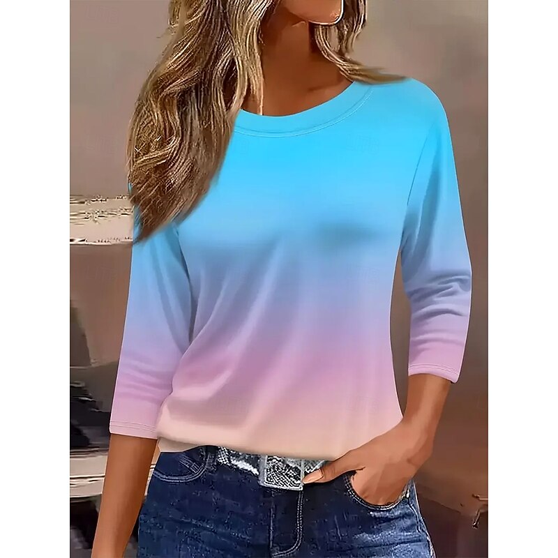 Women's T Shirt Ombre Graphic Gradient Vintage Stylish Classic Long Sleeve Crew Neck Round Neck Regular Tops Daily Print Blue Spring Fall Winter