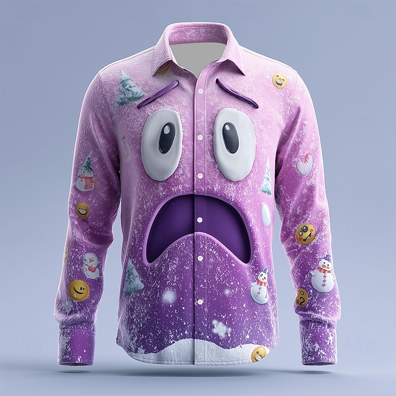 Christmas Men's Snowman 3D Cartoon Awkward Face Shirt Button Up Shirt Long Sleeve Funny Outdoor Holiday Spring Fall Turndown 3D Print Collared Shirts White Purple Dark Blue