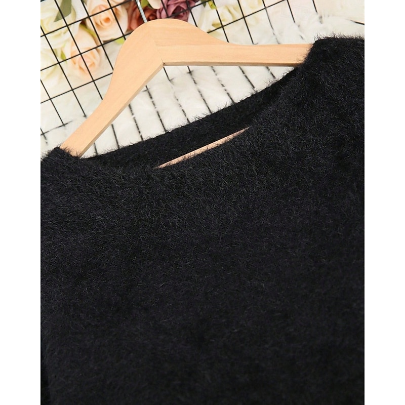 Women's Sweater Pullover Streetwear Casual Pure Color Ribbed Crew Neck Knitted Long Sleeve Regular Tops Knit Outdoor Daily Weekend Black Fall Winter4