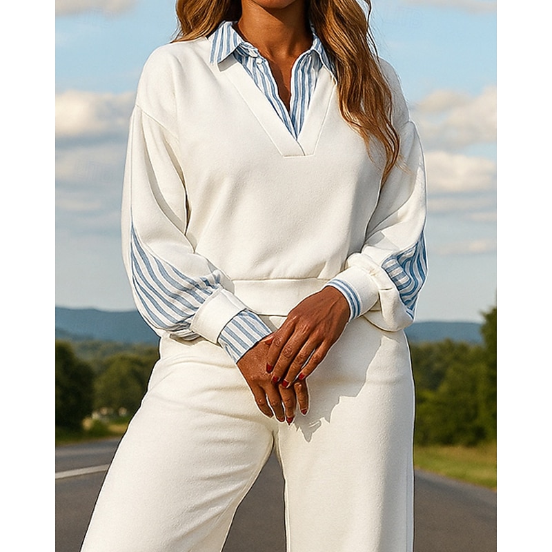 Women's Pullover Sweatsuit Sets 2 Piece Tracksuit Lounge Outfits  Baggy Color Block Clothing Suit Fall Black White Hiking Vocation Outdoor Long Sleeve Sport Activewear Micro-elastic Regular Fit3