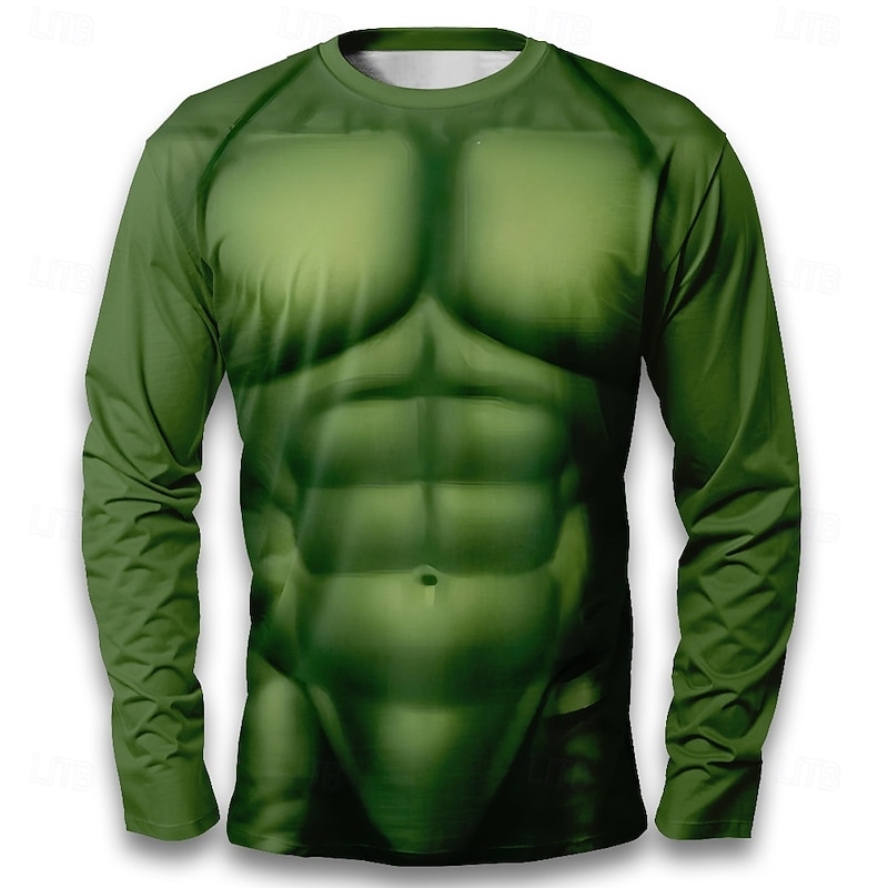 Halloween Men's Muscle Simulation Costume T Shirt Long Sleeve T shirt 3D Print Crew Neck Shirt Fashion Exaggerated Street Casual Daily Burgundy Green Gray Summer Spring Fall Clothing Apparel S M L XL