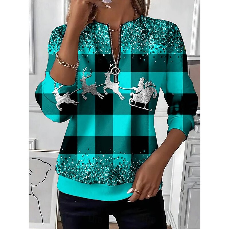 Women's Pullover Sweatshirt Zip Up Sweatshirts Graphic Plaid Christmas Fashion Casual Long Sleeve Crew Neck Regular Tops Street Dailywear Casual Zipper Print Red Blue Purple Green Fall Winter2