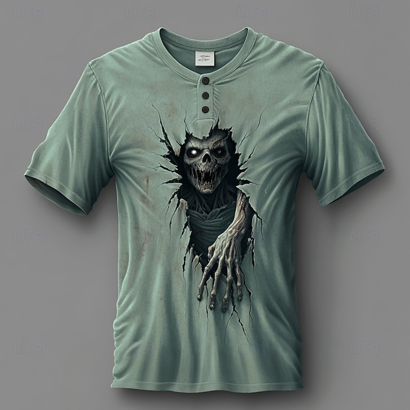 Men's Halloween Zombies T Shirt Henley Shirt Short Sleeve Designer Retro Vintage Casual Street Casual Daily Summer Spring All Seasons Green Henley Henley T-Shirt