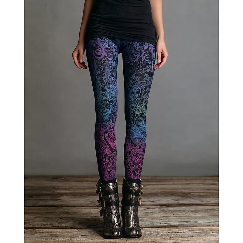 Women's Leggings Vacation Vintage Fashion Full Length High Waist Floral Graphic Abstract Printing Thermal Warm Soft Breathable Stretchy Vacation Street Violet Black Spring Fall Winter Slim Fit2