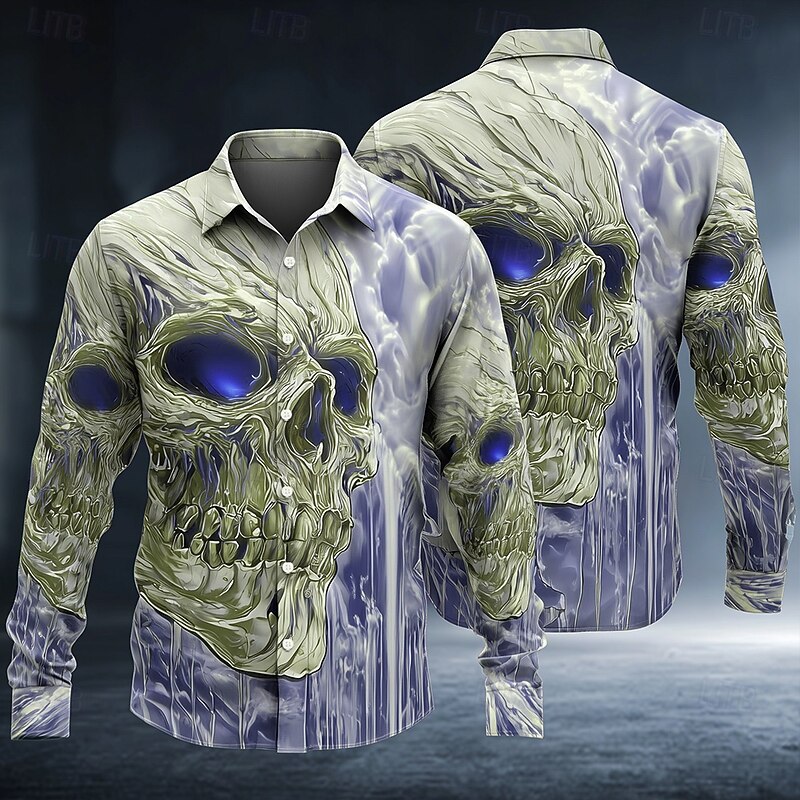 Halloween Men's Frozen Ice skull Shirt Button Up Shirt Long Sleeve Dark Gothic Style Holiday Streetwear Spring Fall Turndown 3D Print Collared Shirts Pink Blue Purple Green4