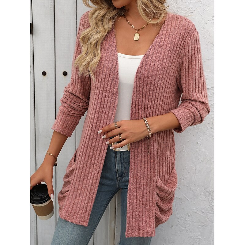 Women's Winter Coat Comfortable Breathable Pocket Open Front Elegant Casual Plain Vacation Street Casual Daily Wear Open Front Regular Collarless Regular Fit Long Sleeve Outerwear Pink Red Blue4