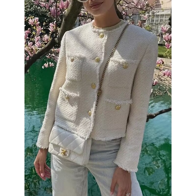 Women's Coat Comfortable Breathable Pocket Casual Plain Vacation Street Casual Daily Wear Single Breasted Short Crewneck Regular Fit Long Sleeve Outerwear Black White Gold Spring Fall3