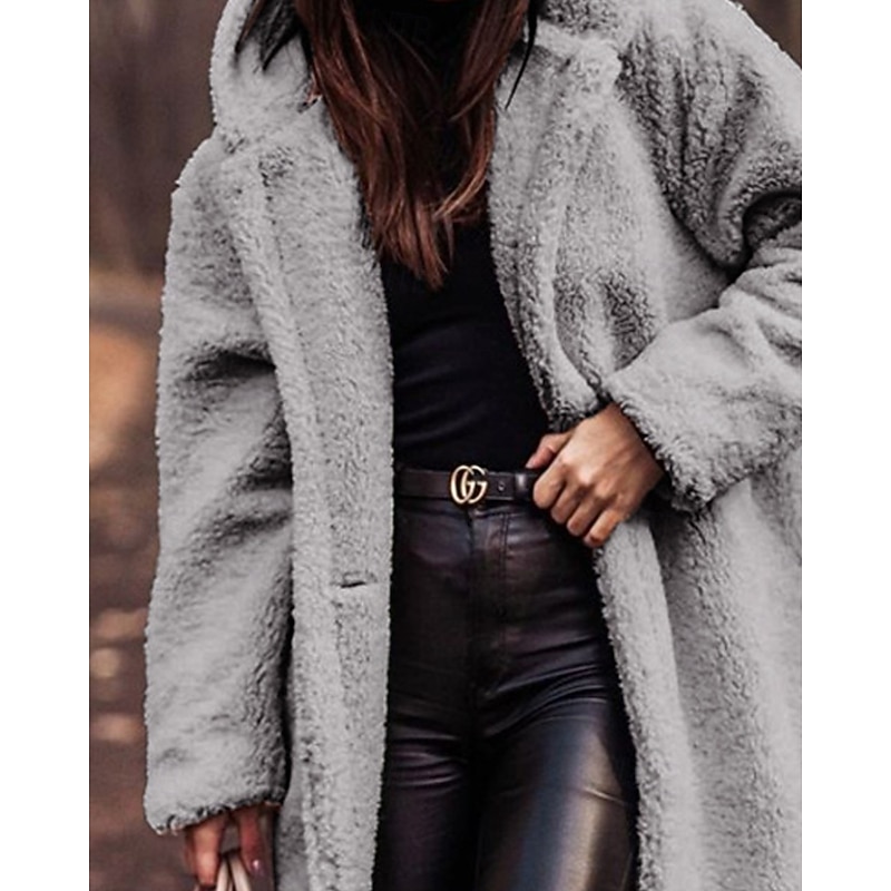 Women's Winter Coat Fleece Jacket Warm Comfortable Pocket Buttons Open Front Fashion Casual Plain Vacation Street Casual Daily Wear Single Breasted Long Hooded Regular Fit Long Sleeve Outerwear Gray2