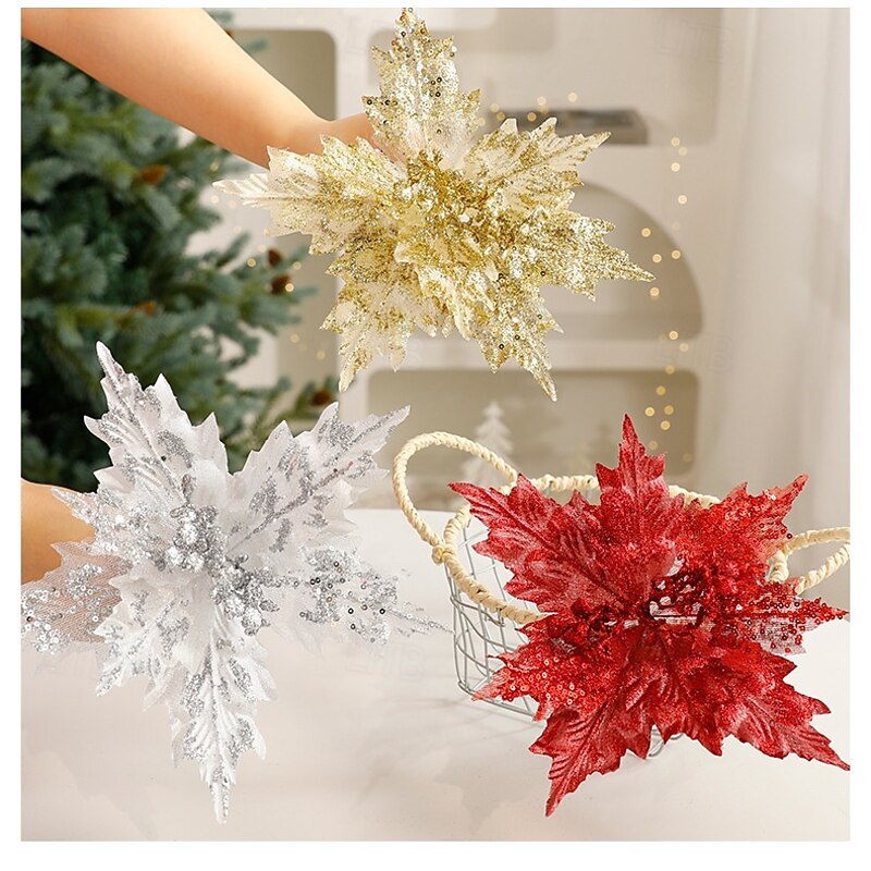 3 Pack Christmas Artificial Poinsettia Flowers, Holiday-Themed Poinsettia and Maple Leaf Decorations, Xmas Tree Ornaments, Festive Home Decor, Seasonal Holiday Display Accessories2