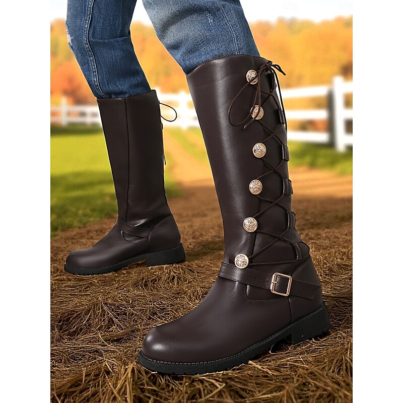 Women's Faux Leather Riding Boots – Brown Knee-High Lace-Up Equestrian Style with Buckle Strap and Decorative Buttons for Farm Work, Horseback Riding and Outdoor Fall Activities