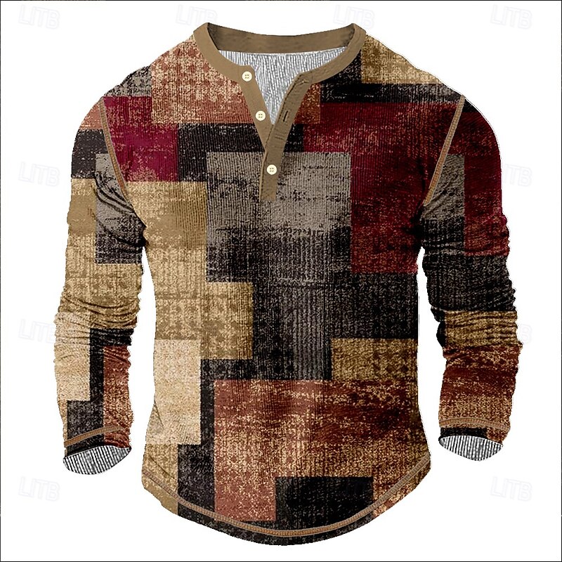 Men's Graphic Geometric Henley Shirt Tee Long Sleeve Vintage Fashion Designer Outdoor Casual Daily Spring &  Fall All Seasons Dark Brown Purple Dark Blue Henley Henley T-Shirt