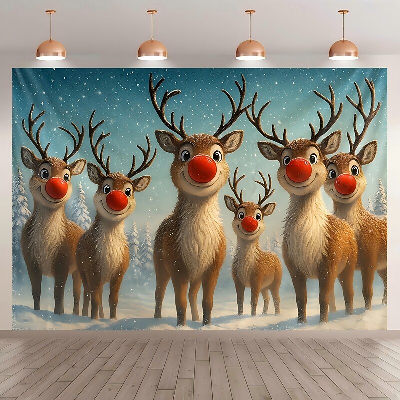Christmas Wall Tapestry Backdrop, Adorable Reindeer Group with Red Noses in Snow Scene, 2025 Xmas Winter Holiday Wall Hanging for Bedroom Living Room Party