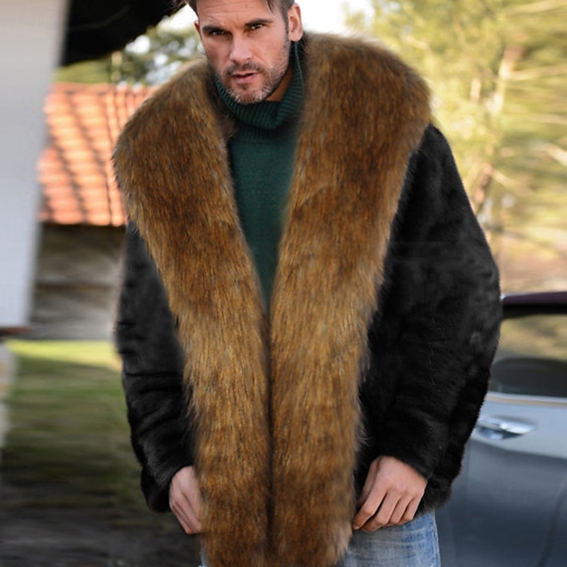 Men Fleece Jacket Faux Fur Coat Casual Windbreaker Faux Fur Trim Winter Solid Color Fashion Long Black Jacket