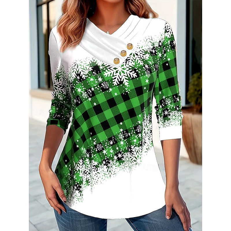 Christmas Women's T Shirt Graphic Plaid Snowflake Vintage Stylish Classic Long Sleeve Crew Neck V Neck Regular Tops Daily Buttons Print Asymmetrical Red Royal Blue Green Fall Winter2
