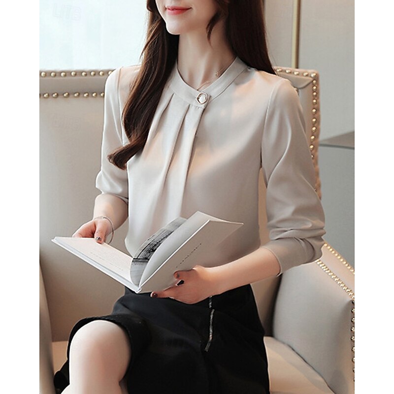 Women's Shirt Elegant Dressy Satin Plain Stylish Formal Long Sleeve V Neck Regular Tops Work Going out Ruched Buttons White Champagne Blue Gray Spring Fall3